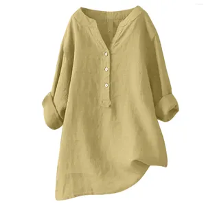 Women's Blouses Basic Solid Color Shirts Button Down Long Sleeved V-Neck 2024 In Cotton Linen Summer Female Tees Blouse