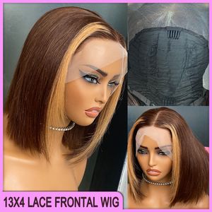 Preço no atacado Malásia Peruviano Destaque Brasileiro Brasil Brown Silky Straight 13x4 Peruca frontal de renda transparente 10 12 polegadas 100% Raw Virgin Remy Human Human