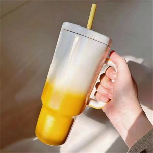 Bottiglie d'acqua Gradiente Colore 40 once Tumbler a tazza con coperchi isolati a manico Cuda di caffè in acciaio inossidabile per viaggio per la casa Terma 0415