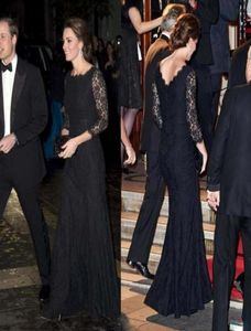 Długie rękawowe czarne koronkowe sukienki wieczorowe Kate Middleton Celebrity Sukienka Czerwona Dywan Sukienka Vintage Jewel Nurce Suknie