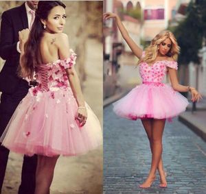 Pink Flowers Cocktail Dress Off The Shoulder Tulle Handmade Flowers Short Mini Party Dress Laceup Tulle Short Graduation Homecomi7780030