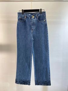 2024 Marine Blue Free Versand Straight Lose Taschen Pailletten Frauen Jeans Designer Frauen Denimhose 4153