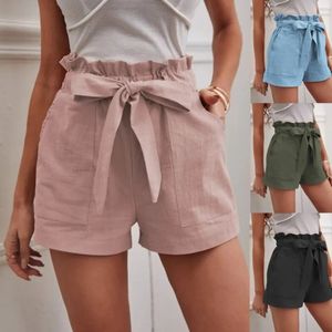 Summer Womens Loose Linen Casual Shorts With Pockets Solid Color High Maisted Wide Ben Pants 240407