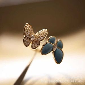 Designer High Version Van Double Butterfly Ring Womens New Turquoise Set Diamond Open French Asymmetric Best Friend R O0C4