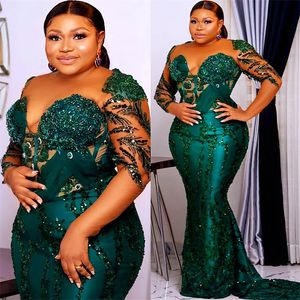 Elegant Mermaid Emerald Green Evening Dresses Sequins Beaded Long Sleeves Glitter Prom Dress Satin Long Mother Of The Bride Dress 2024 Women Formal Wear