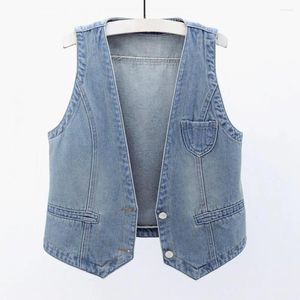Women's Vests Ladies Denim Vest Vintage Hop Streetwear For Women V Neck Waistcoat With Double Buttons Firm Stitching Fall Spring