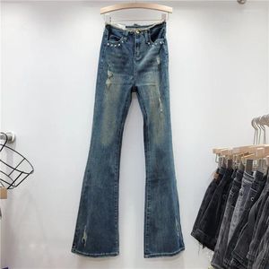 Women's Jeans Retro Blue High Waist Denim Bootcut Trouser 2024 Autumn Heavy Industry Rivets Skinny Trousers Girls Lady Elastic Jean