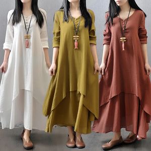 Elegant Dresses For Women Fashion Casual Cotton And Linen Maxi Dress Plus Size Loose Long Sleeve Robe Club Outfits Vestido 240415