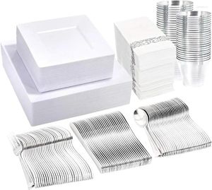 Disposable Dinnerware 350PCS White Plastic Plates With Silver Silverware - 50Guest Square Include 100Plates