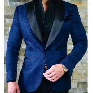 Men's Suits 1 PC Men Blue Jacket Formal Mens Suit Wedding Jacquard Black Shawl Lapel One Button Grooms Man Fit Blazer Coat