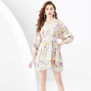 V-neck Floral Mini Resort Dress Lantern Sleeve Designer Runway Women Retro Printed Button Shirt Short Dresses Cute Ladies A-Line Casual Beach Party Cocktail Clothing