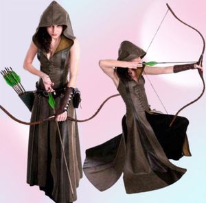 Cosplay Medieval Moda Mulheres Anime Viking Renascença Arqueiro Com capuz Come Leather Long Dress Misqueess a mangueira 2022 Novo T220844454315