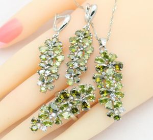 Set di gioielli in argento Green Peridot 925 per donne 5 colori Orecchini di pietre per pendente Ringoli 8481591