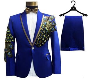 Jacka PantsBow2017 Fashion Royal Blue Embroidered Male Singer Show Tuxedos Slim Fit Performance Party Prom Suits For Men7853557