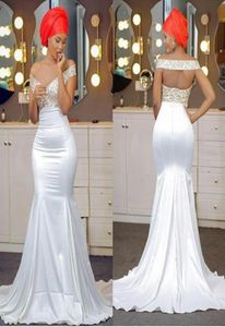 Elegant Aso Ebi Style Prom Dresses Vneck Offshoulder White Satin Trumpet Evening Dress 2017 African Hollow Sweep Train Dubai Ara8368865