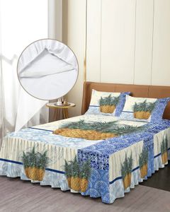 Blå och vit porslinstruktur Ananas säng kjol monterad sängöverdrag med örngottmadrassens täckningsbäddsuppsättning 240415