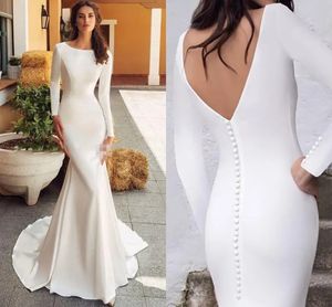 Modest Mermaid Wedding Dresses 2024 Robes De Full Sleeves Buttons Backless Bridal Gown Sweep Train Elegant Satin Vestidos Boho YD