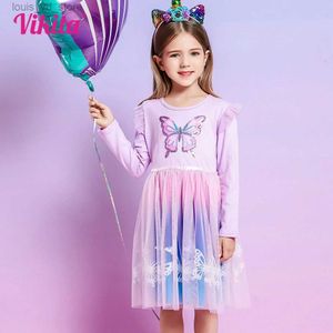 Vestidos de menina Vikita Girls Butterfly Vestres de lantejoulas Crianças Princesa roxa Mesh Tulle Gradiente de aniversário elegante de casamento Vestidos de manga longa T240415