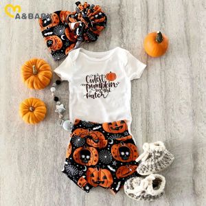 Shorts Mababy 018m 1st Halloween Baby Girl Clothes Set Nyfödd spädbarn Baby Letter Romper Pumpkin Shorts pannband kläder kostymer D01