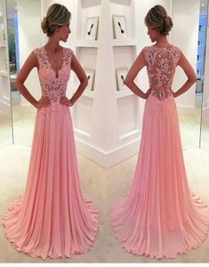 2017 Prom Dresses Vneck Pink Sheer Lace Chiffon A Line Length Long Evening Party Virts7710704