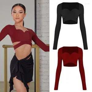 Desgaste do palco 2024 Zym Latin Dance Practice Roupas para meninas Tops de manga longa Chacha Rumba Tango Dress Children DQS15472