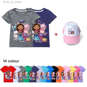 Одежда наборы Gabby Cats Kids Cotton Cartoon Cartoon Tees Летовые мальчики девочки Gabbys Doll House Футболка с коротким рукавом топы для детской костюм косплей одежда T240415