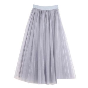 Skirts Vintage Tle Skirt Women Elastic High Waist 3 Layers A-Line Pleated Mesh Long Bride Tutu Female Jupe Longue Drop Delivery Dhmvl
