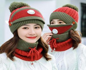 3pcsset Зимняя шляпа и шарф с масками -воздушными бархатными жильными ветрозащитными воротничками для женщин -дамских шляп Scarf7514123