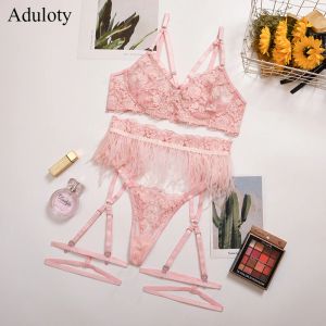 Bras New Women's Lace and Feather Ing Sexy Garter Underwear Set Mesh Flower Embroidery Gather Bra Set Thong Sexy Lingerie Set