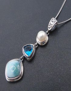 Doğal Larimar 925 Sterling Gümüş Antika Tasarım Mavi Topaz Gerçek Taş İnci Charm Kolye Kadınlar için Hediye Olmadan Hediye3889675