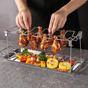 Tools 14 Slots Stainless Steel BBQ Beef Chicken Leg Wing Grill Rack Portable Folding Roasted Barbecue Plate