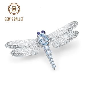 Gems Ballet 141ct Natural Sky Blue Topaz Brooch 925 Sterling Sliver Handmade Design Dragonfly Brooches Fin Fine Jewelry 240418