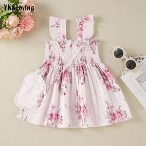 2-piece Set of Girls' Dress, Shoulder Bag, Summer Children's Pleated Suspender Skirt, Stylish Rose Flower Little Girl Princess Skirt