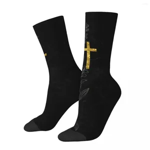 Meias masculinas Símbolo Cruz Cristão - mármore preto e ouro retro harajuku jesus street estily novidade tripulação casual crazy meia