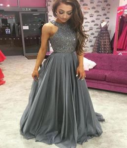 Vacker grå en linje chiffon 2018 prom klänning strass lång sexig rygglös formell aftonklänningar juvel elegant vestidos de fiesta 1236917