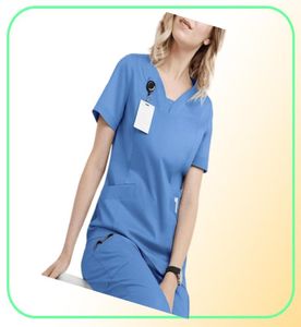 Högkvalitativ Vneck Scrub Topps Beauty Salon Nursing Elastic Midjebyxor unisex andningsbar enhetlig accessorie7956736