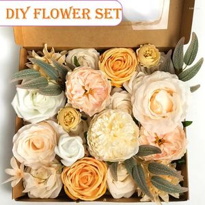 Flores decorativas Fake Silk Set Artificial for Wedding Party Decor Decor Bridal Bouquet Decorações de casa Champagne