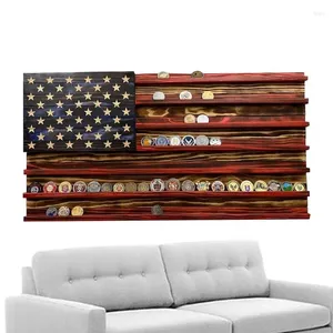 Dekorative Teller American Flag Challenge Coin Display 7 Zeilen Holzständer Rack Wandmontagemontierhalter für die Aufbewahrung