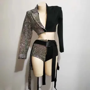 Scene Wear Sparkly AB Rhinestones outfit Sexig svart blazer Kort design 2 stycken Set DJ Female Singer Nightclub Dance Kirt Costume Party