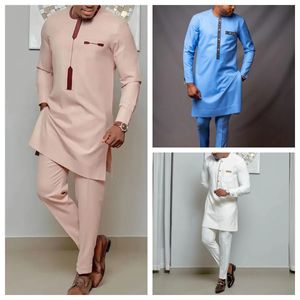 KAFTAN ELEGANTA AFRIKANSKA MENS SET 2 stycken Outfits Långärmad etniska toppar och byxor Full Luxury Mens Suit Wedding Men Clothing 240415