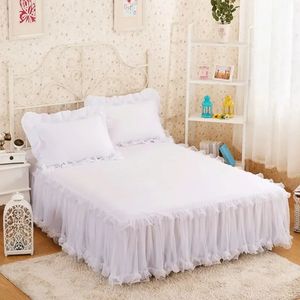 Cute Lace Lotus Leaf Bed Skirts Princess Style Solid Color Bedspread Cover NonSlip Sheets Without Pillowcase 240415