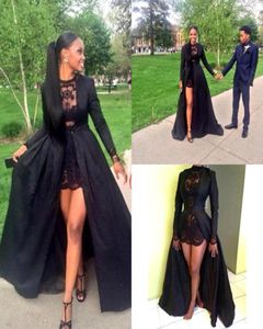 Czarna sukienka na studniówkę Ball Dwie kawałki Jewel Neck Lace Short Sukienka z odłączonym długim rękawem Train Taffi Black Evening 9365524
