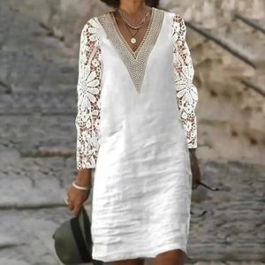 Vestidos brancos de verão para mulheres linho de algodão vintage Hollow Out Lace Boho Dress Ladies Manga Longa Praia Aline Party Robe 240415