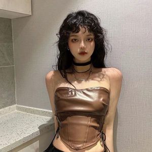 Женские танки Houzhou Sexy Leather Top Top Top Corset Punk Tube от плеча широколока без бретелек без бретека