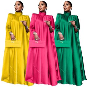 Plus -storlek Vonda 2024 Kvinnor Stand Collar Elegant Satin Dress Long Bat Sleeve Evening Pleated Maxi Sundress Casual Solid Robe Robe Satin Dress