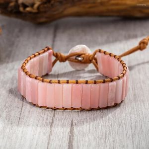 Очарование браслетов Элегантное натуральное розовое опал -камень из бисера браслет для драгоценного камня кожа, обернутая для женщин, подарить ей