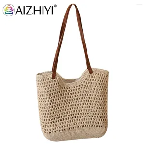 Shoulder Bags Cotton Crochet Bag Hollow Out Summer Beach With Zipper Closure Holiday Travel Handbag Top Handle Purse For Women