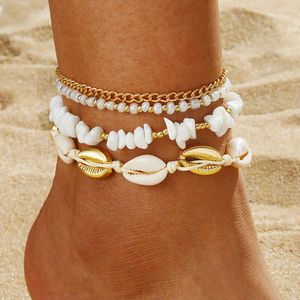 Bohemian Style White Small Gravel Beach Shell Rice Bead Woven Anklet Set of 4 Pieces