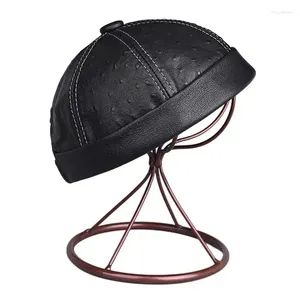 Berets Retro Real Leather Small Dots Print Round Hat For Women Male Hexagon Caps Students Kpop Brimless Dome Beanies