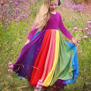 女の子のドレス新しいファッション秋冬の虹の長袖コットンカラーブロックかわいい女の女の子のドレスプリンセスガールズドレスT240415